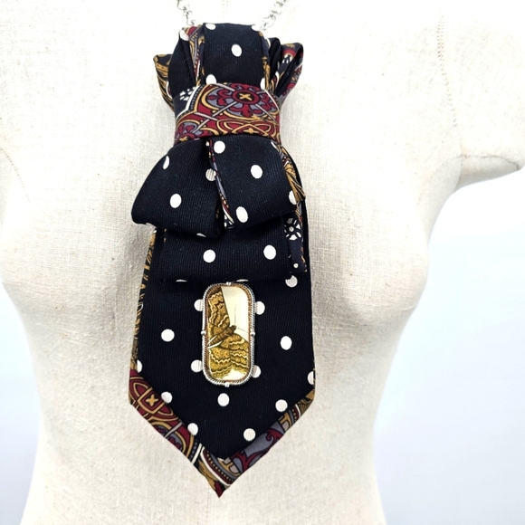 Upcycled Polka Dot Moth Paisley Necktie Necklace - Picture 1 of 3